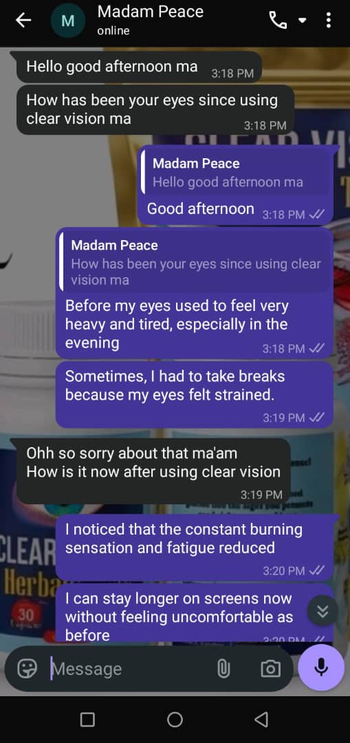 WhatsApp chat — Madam Peace, screen strain and fatigue reduced
