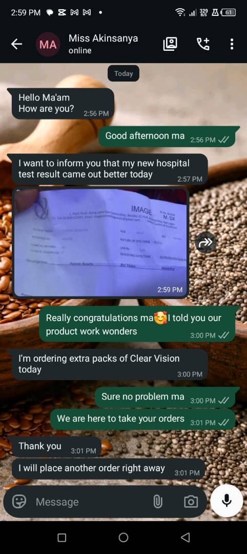 WhatsApp chat — Miss Akinsanya, hospital test improved