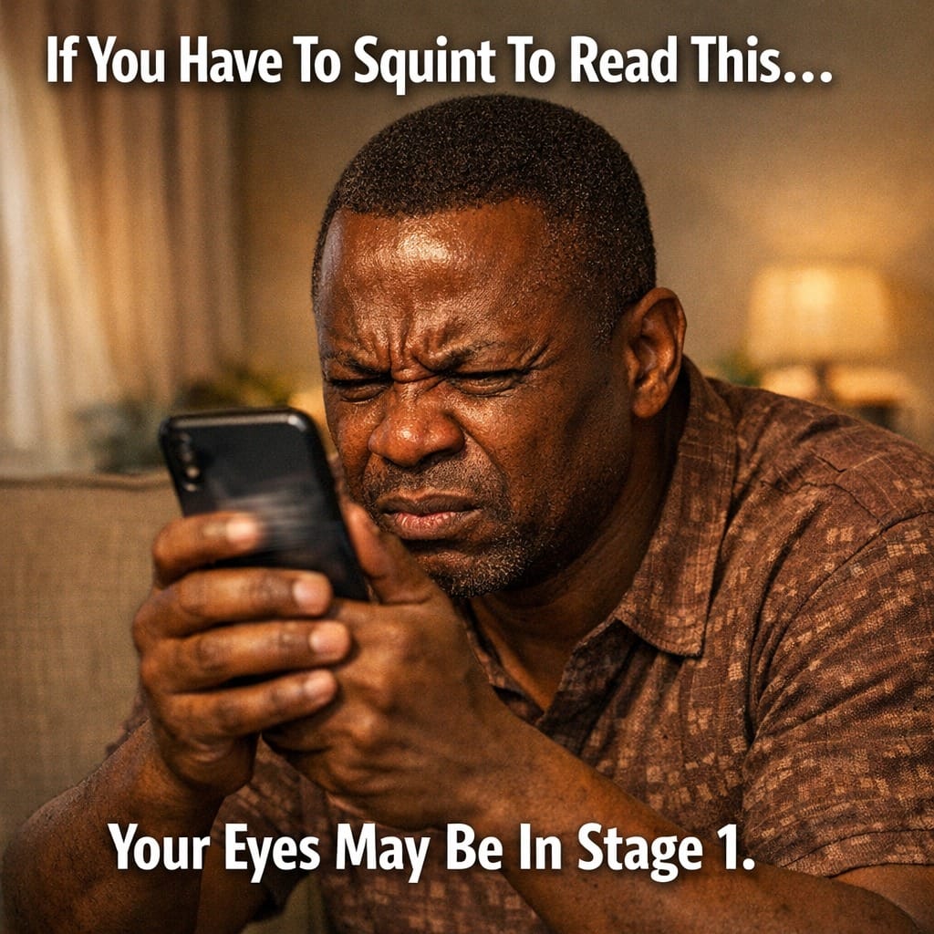 Nigerian woman squinting at her phone