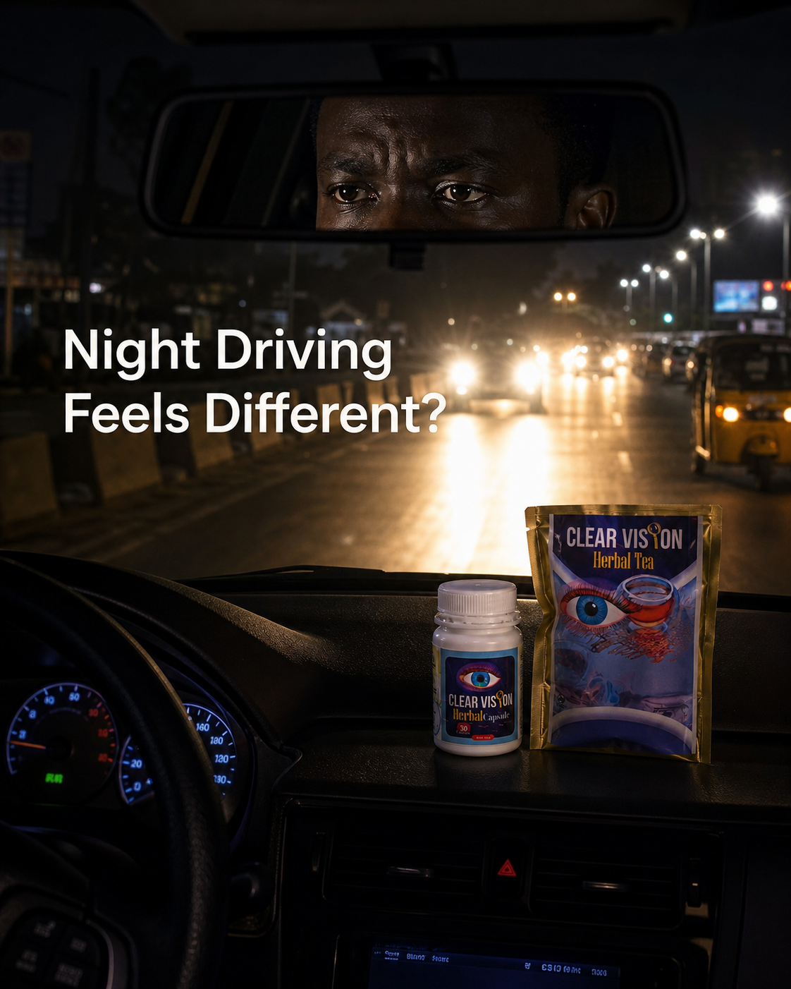 Nigerian driver at night with oncoming headlights