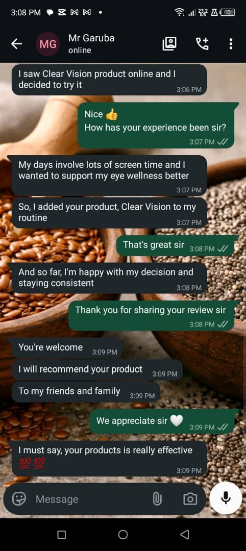 WhatsApp chat — Mrs Umar, watering eyes and headaches reduced