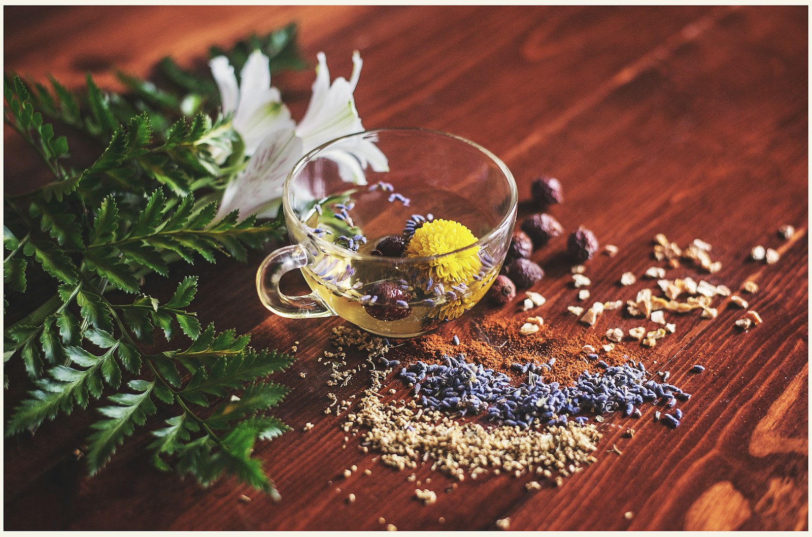 Herbal tea and leaves arranged on a table